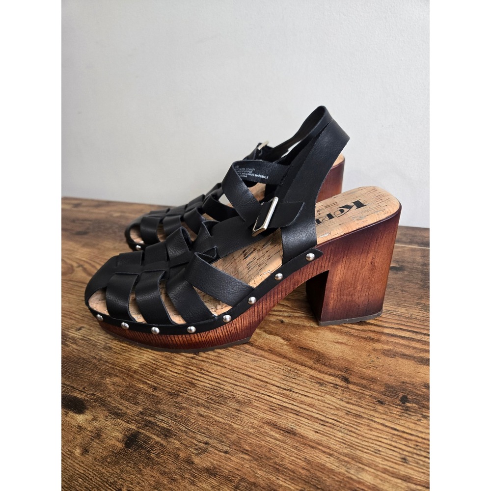Korks Black Strappy Platform Clog Sandals KR0012709 Wood Block Heel Womens 9M